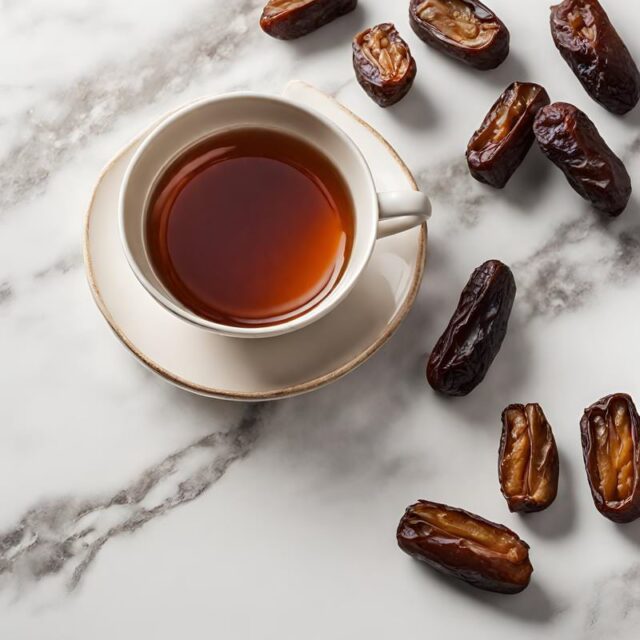 A cup of tea surrounded by dates