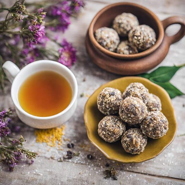 Cup of tea and chocolate balls